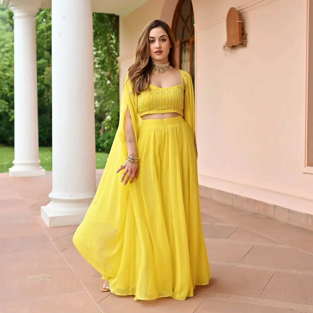 SV-20240713-0947-1-1.webp Yellow Timeless Georgette Cape Pants Set - Image 1